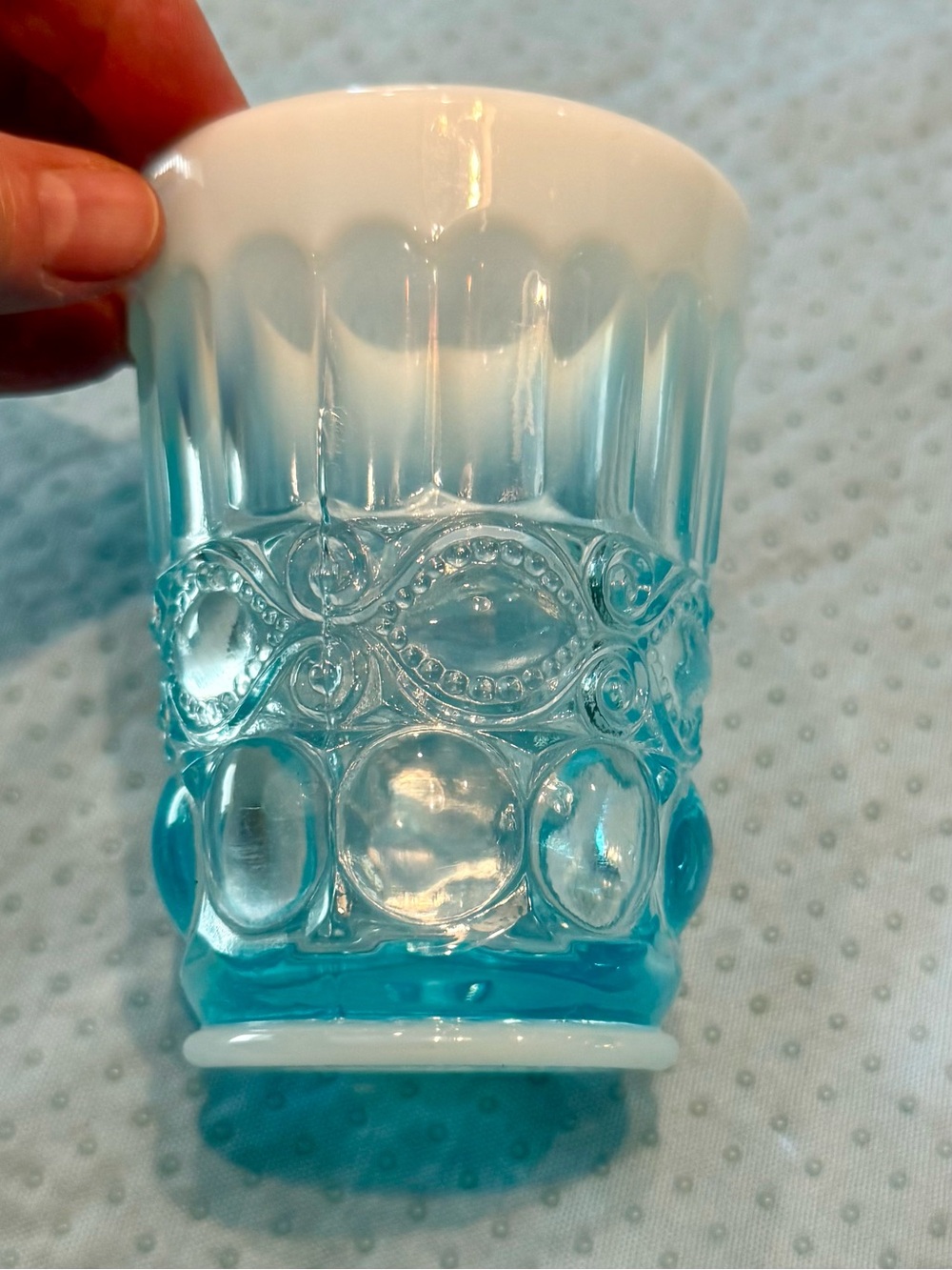 Vintage Mosser Glass Aqua Opal Eye Winker Tumbler Blue Opalescent Glassware